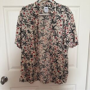Zara Beige Short Sleeve Button-Down Shirt with Black Leaf Print and Red Dots